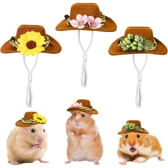 Dalrosia 3PCS Hamster Chicken Mini Cowboy Hats Flower Leaves Brown Guinea Pig Hats Felt Tiny Cute Pet Hat Costume Accessories for Small Pet Holiday Party Clothes Supplies Photo Props