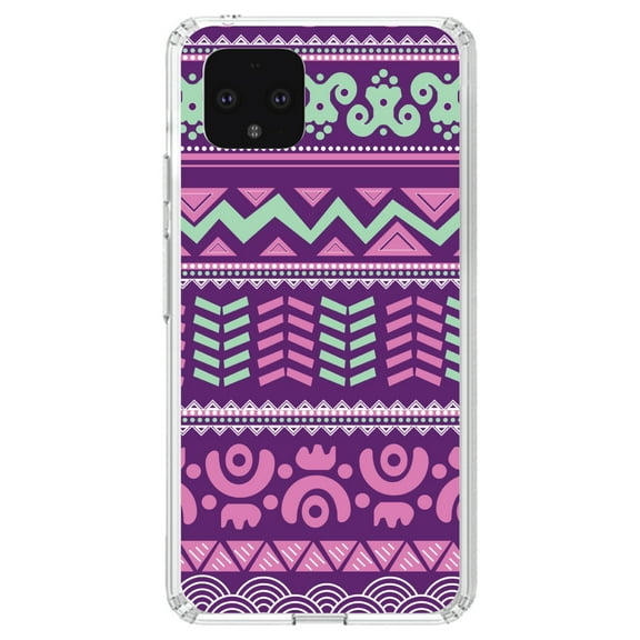 DistinctInk Clear Shockproof Hybrid Case for Google Pixel 4 (5.7" Screen) - TPU Bumper, Acrylic Back, Tempered Glass Screen Protector - Pink Green Aztec Tribal