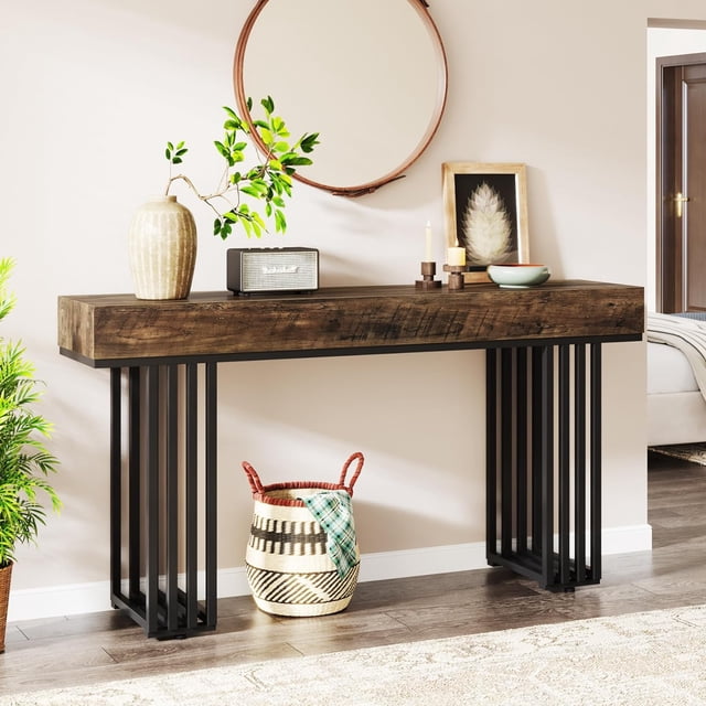Tribesigns 55-Inch Console Table for Entryway, Industrial Hallway Table with Stylish Metal Frame, Sofa Foyer Table for Living Room, Entrance, Brown & Black