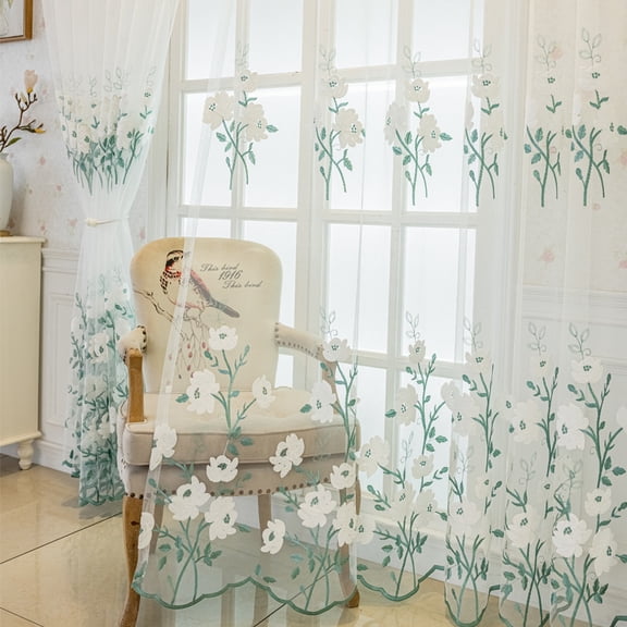 Sunyuer 2 Panels Blue Kapok Embroidered Farmhouse Semi Sheer Curtain Voile Curtains for Living Room Bedroom Window Treatment
