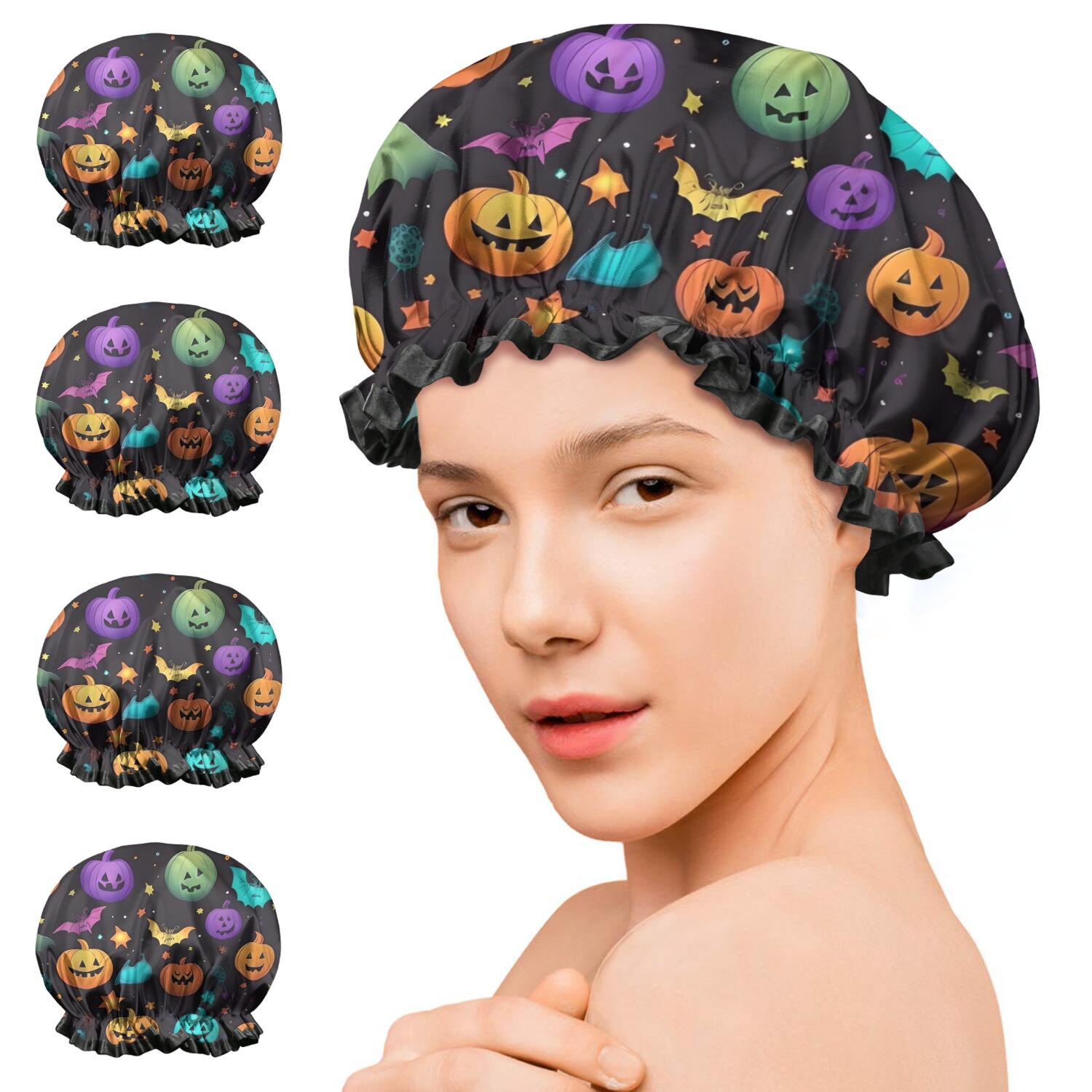 Shower Caps,Whimsical Halloween Pattern Waterproof Shower Cap for Women 4 Pieces,Double Reusable Hair Cover for Shower PEVA Elastic Stretch Hem