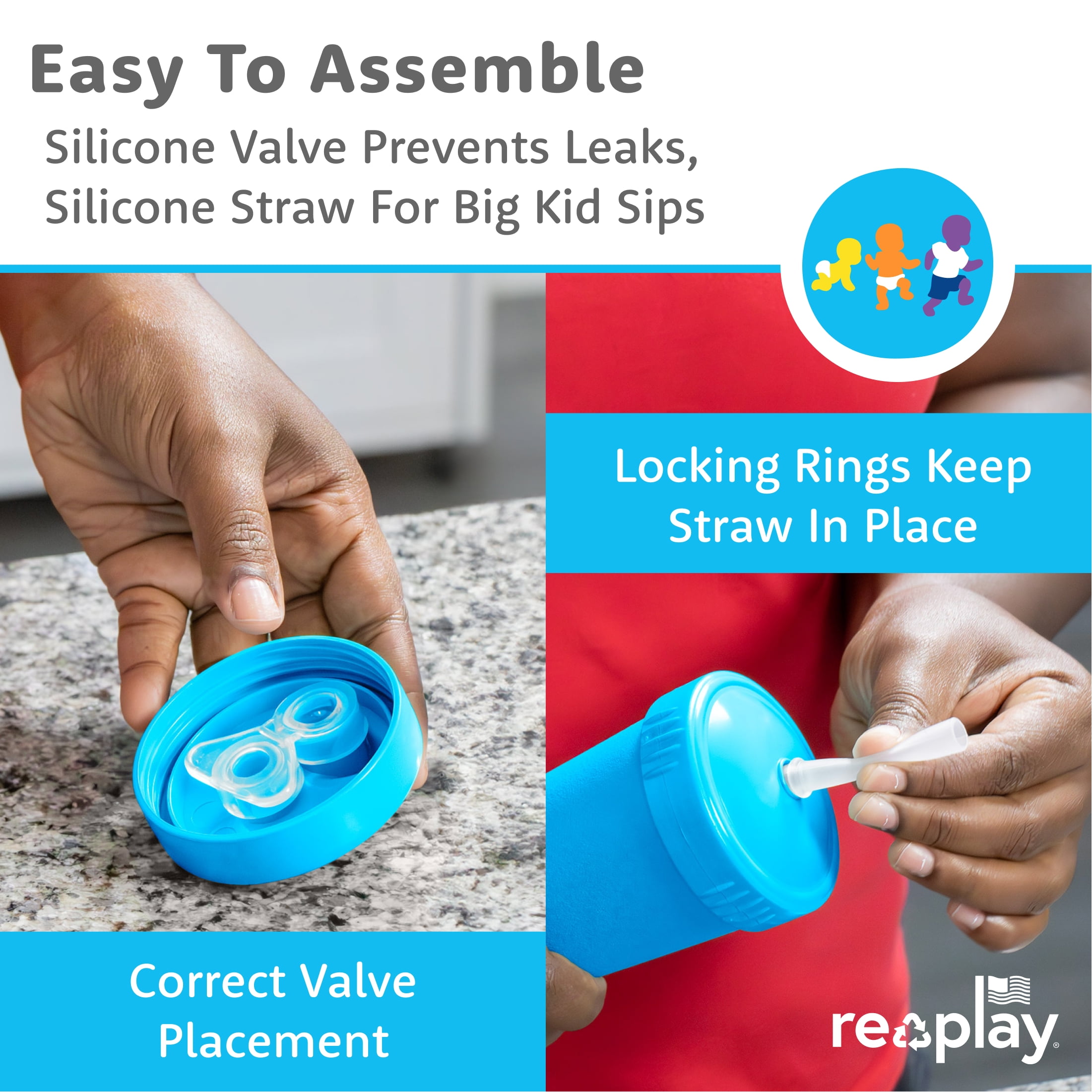 Re-Play Sippy to Straw Kids Cups - 10 oz. Set of 2 - USA Made Recycled BPA-Free Plastic Lid Choice - Grows with Your Child - Aqua, Sky