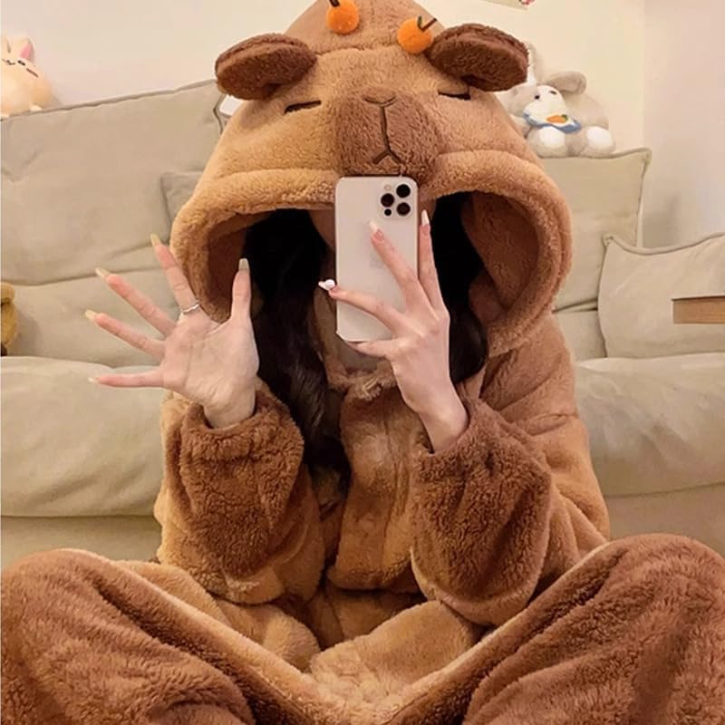 Capybara Onesies Robe Cute Capybaras Costume for Halloween Party Plush Capybara Pajama Hooded Bodysuit Jumpsuit Sleepwear for Halloween Christmas Gifts