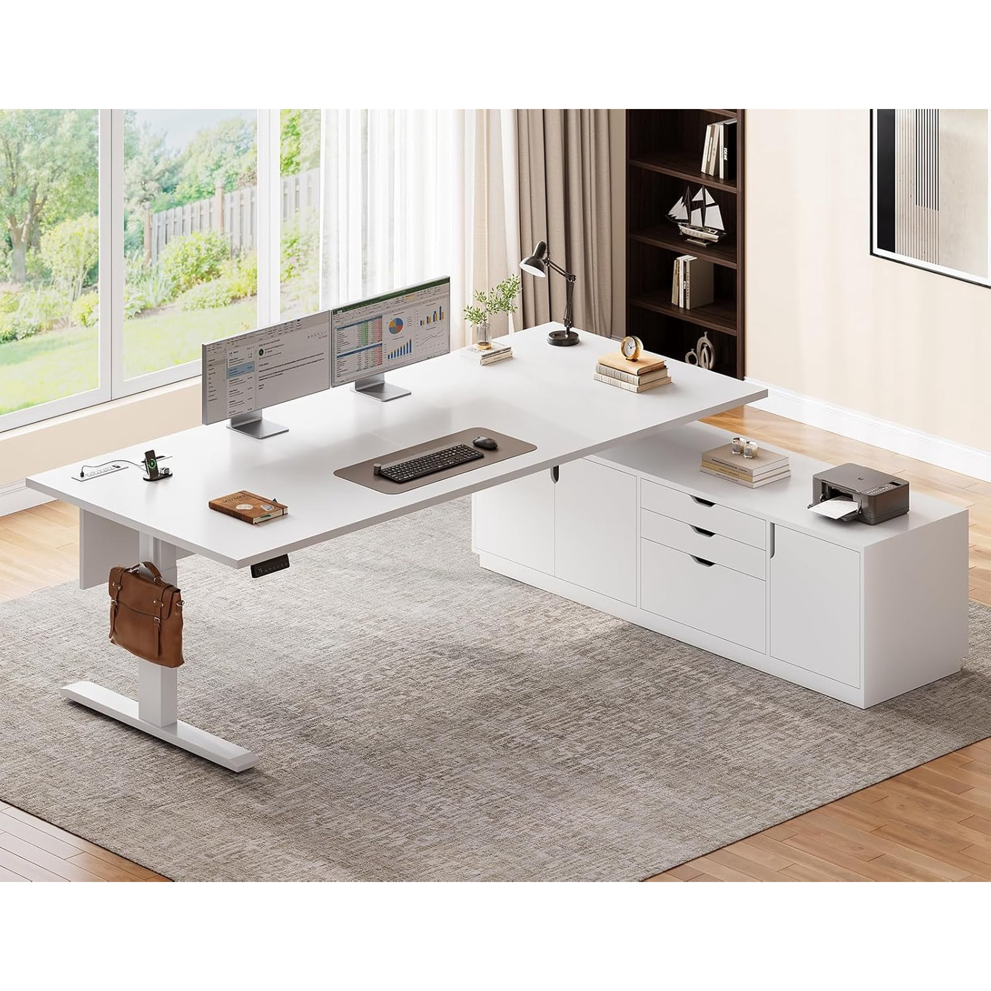 SEDETA Electric Standing Executive Desk, 71 Inch L Shaped Height Adjustable Office Desk with 3 Drawers and Cabinet, Sit Stand Up Home Office Desk with Power Outlets & Side Hook, White