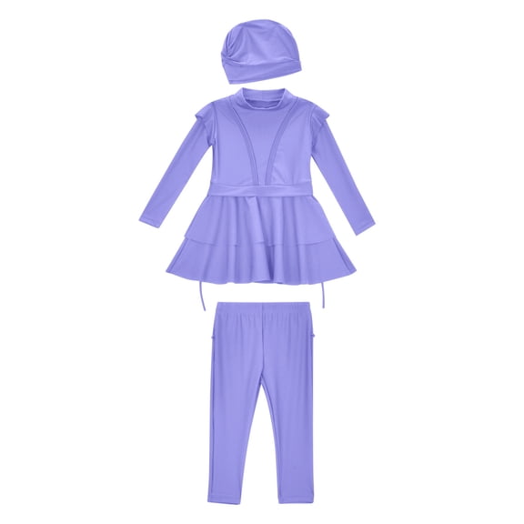 LIUJUNSHOP Kids Swimsuits Girls Baby Modest Swimwear Long Sleeve Swim Top Pants Hijab 3PCS Bathing Suit Rash Guard Purple 11-12 Years
