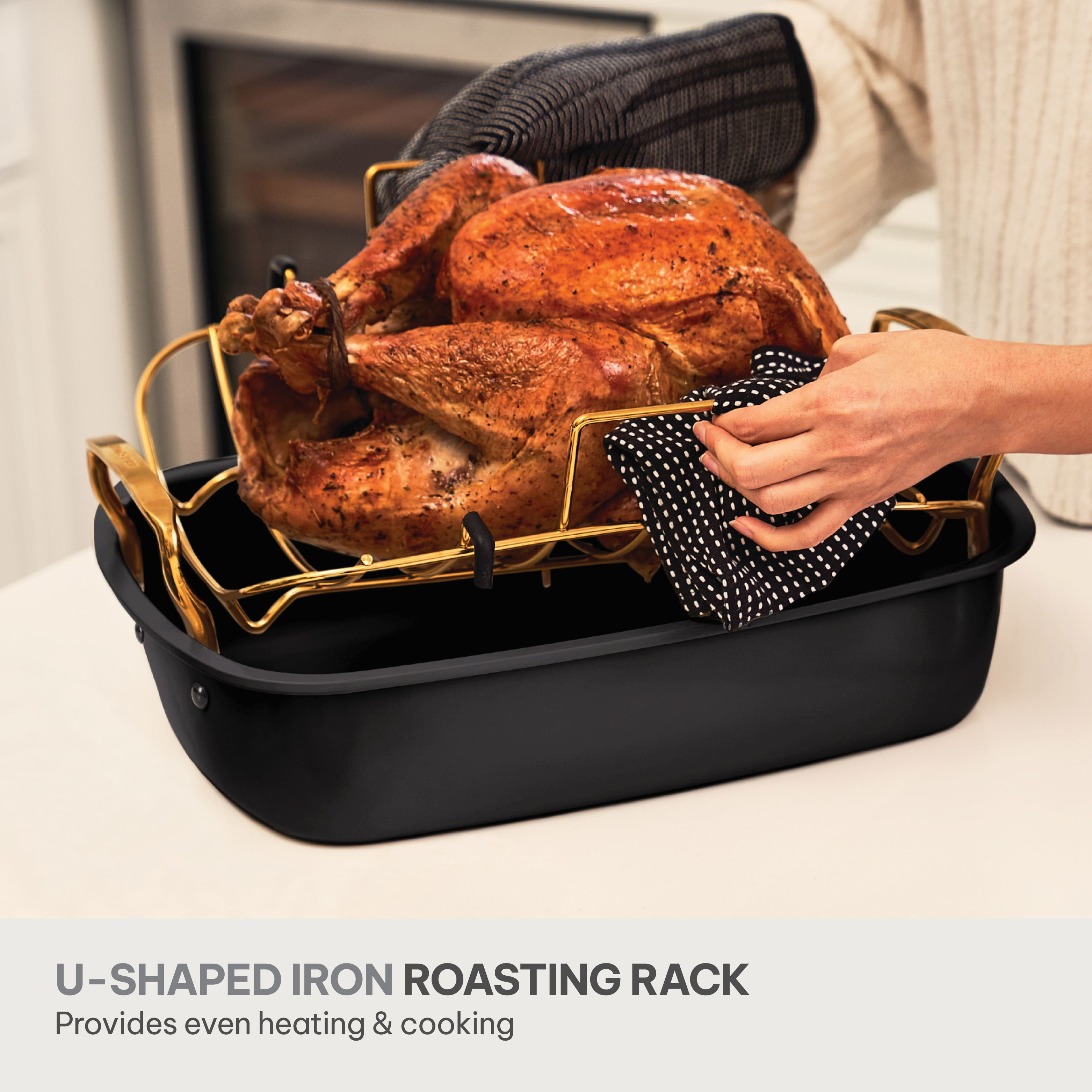 Thyme & Table 17-inch Carbon Steel Non-Stick Roasting Pan with Rack - Black and Gold