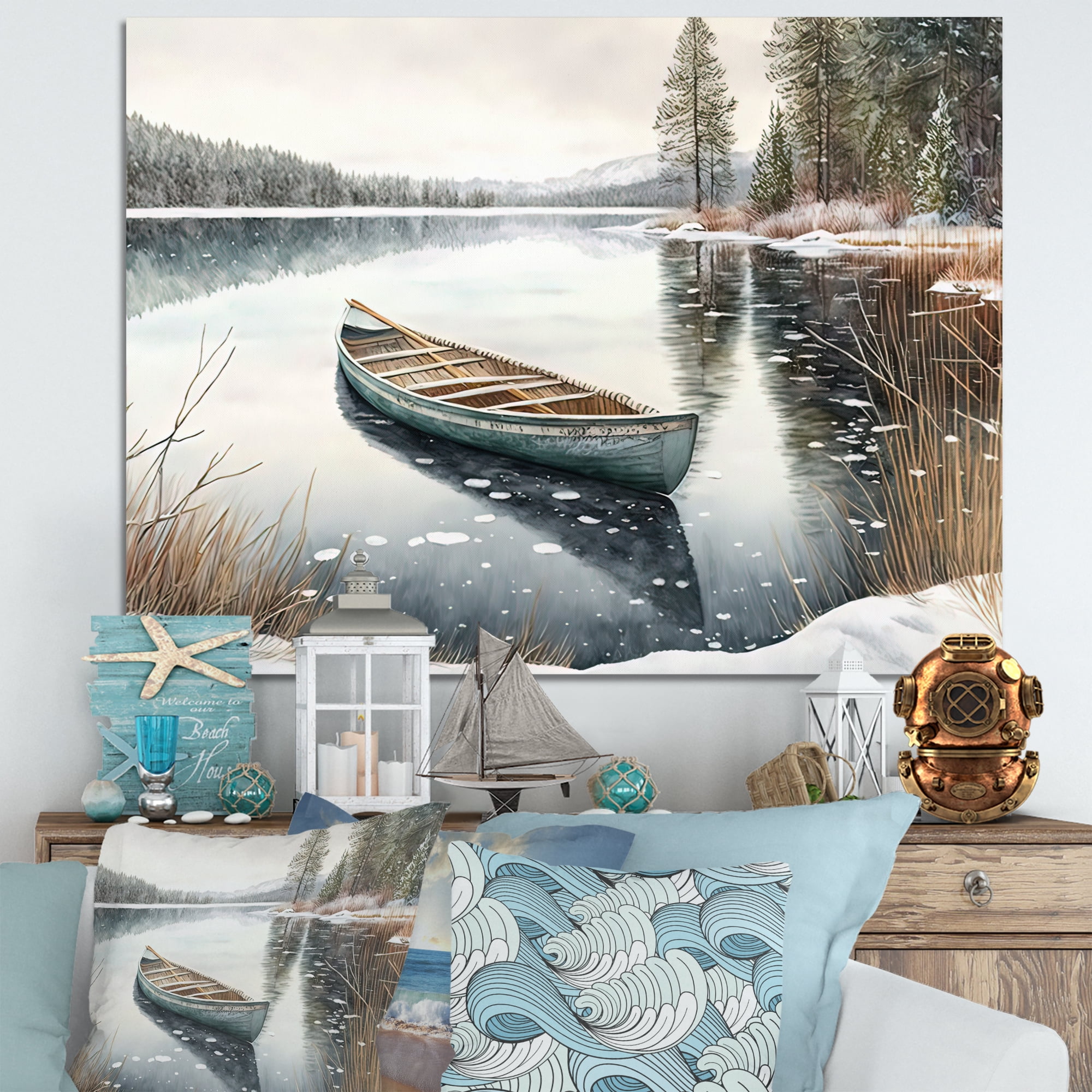 Designart Winter Scene With Canoe IV Canvas Wall Art