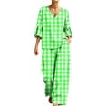 thumbnail image 2 of Mifsaly Lounge Wear for Women 2 Piece Set Plaid V Neck Bell Sleeve Top and Relaxed Wide Leg Pants Comfortable Everyday Casual Matching Outfits with Pockets Mint Green,XL, 2 of 7