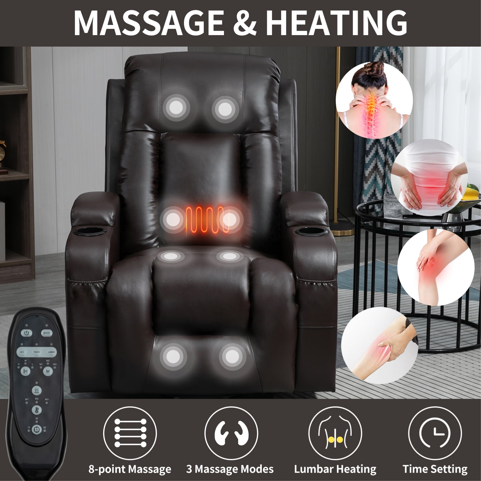 Gewnee Power Lift Recliner Chair,Lift Chair with Heat and Massage,Adjustable PU Leather Recliner with USB,Cup Holders & Side Pockets for Living Room or Bedroom.Brown