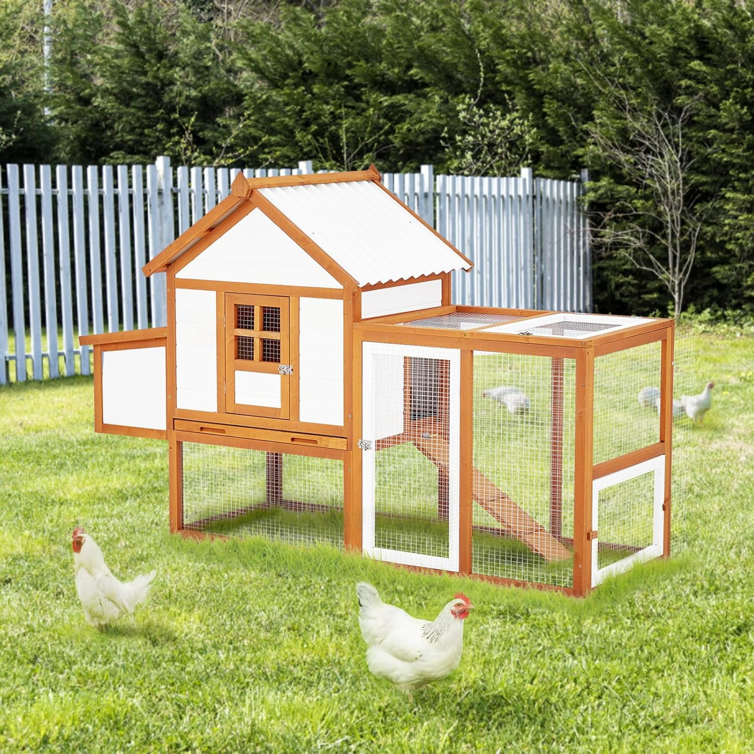 Acekid 2 Tier Wooden Rabbit Hutch with Waterproof Roof & Outdoor Run, Spacious Cage for Rabbits & Small Pets, Orange