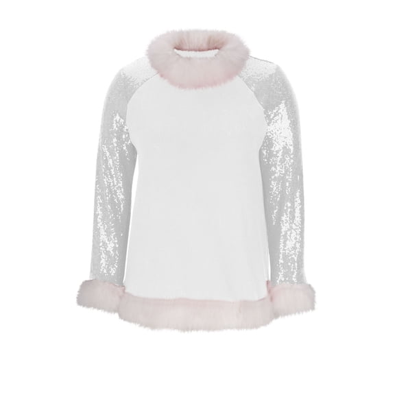 Christmas Tops for Women - Fur Trim Crewneck Sweaters Dressy Sparkle Glitter Loose Sweatshirts Velvet Long Sleeve Pullover