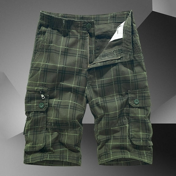 COSFO Casual Shorts Men Plaid Multi Pocket Cargo Green Shorts Zipper Comfort Waist Button Shorts