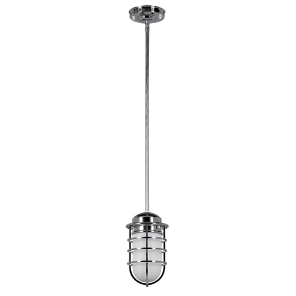 Polished Chrome Seaton 1-Light Dimmable Pendant with Removable Wire Cage and Frosted Glass, Sloped Ceiling Compatible