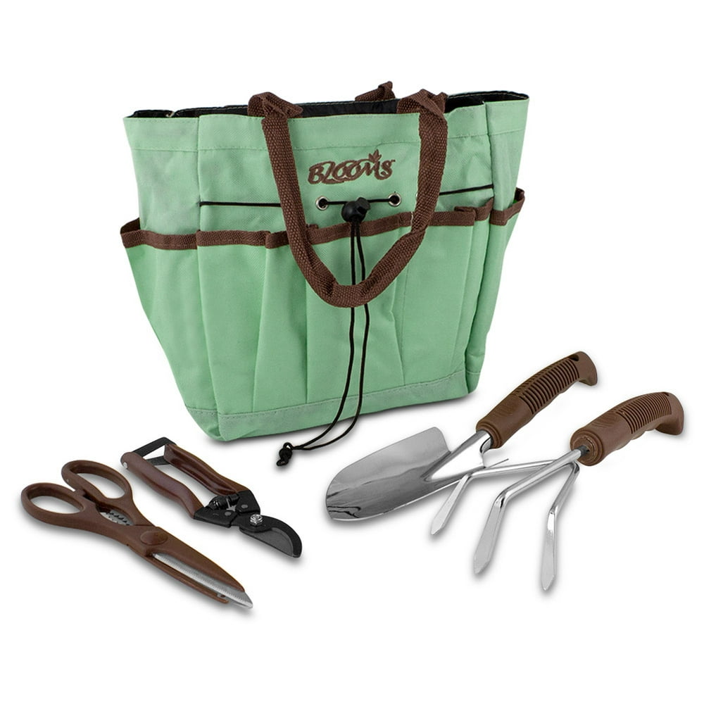 Garden Tool Set, Blooms Teal Canvas 5piece Gardening Bag Garden Hand
