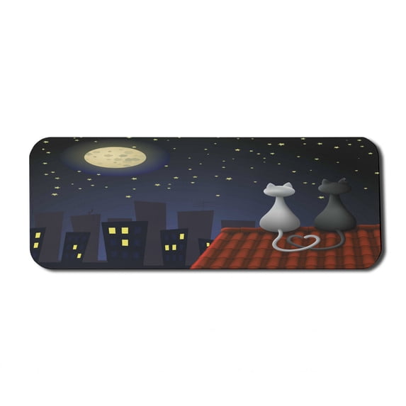 Animal Computer Mouse Pad, Cats on the Roof Couple Valentines Animal Kitten Kitty Night Full Moon Starry Sky, Rectangle Non-Slip Rubber Mousepad Large, 31" x 12", Grey Yellow, by Ambesonne