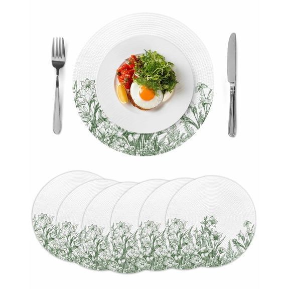Wildflower Leaf Round 15 Inch Placemats Set of 6, Green Floral Botanical White Watercolor HeatResistant Non Slip Place Mats for Dining Table, Wipeable Braided Kitchen Table Mats for Housewarming
