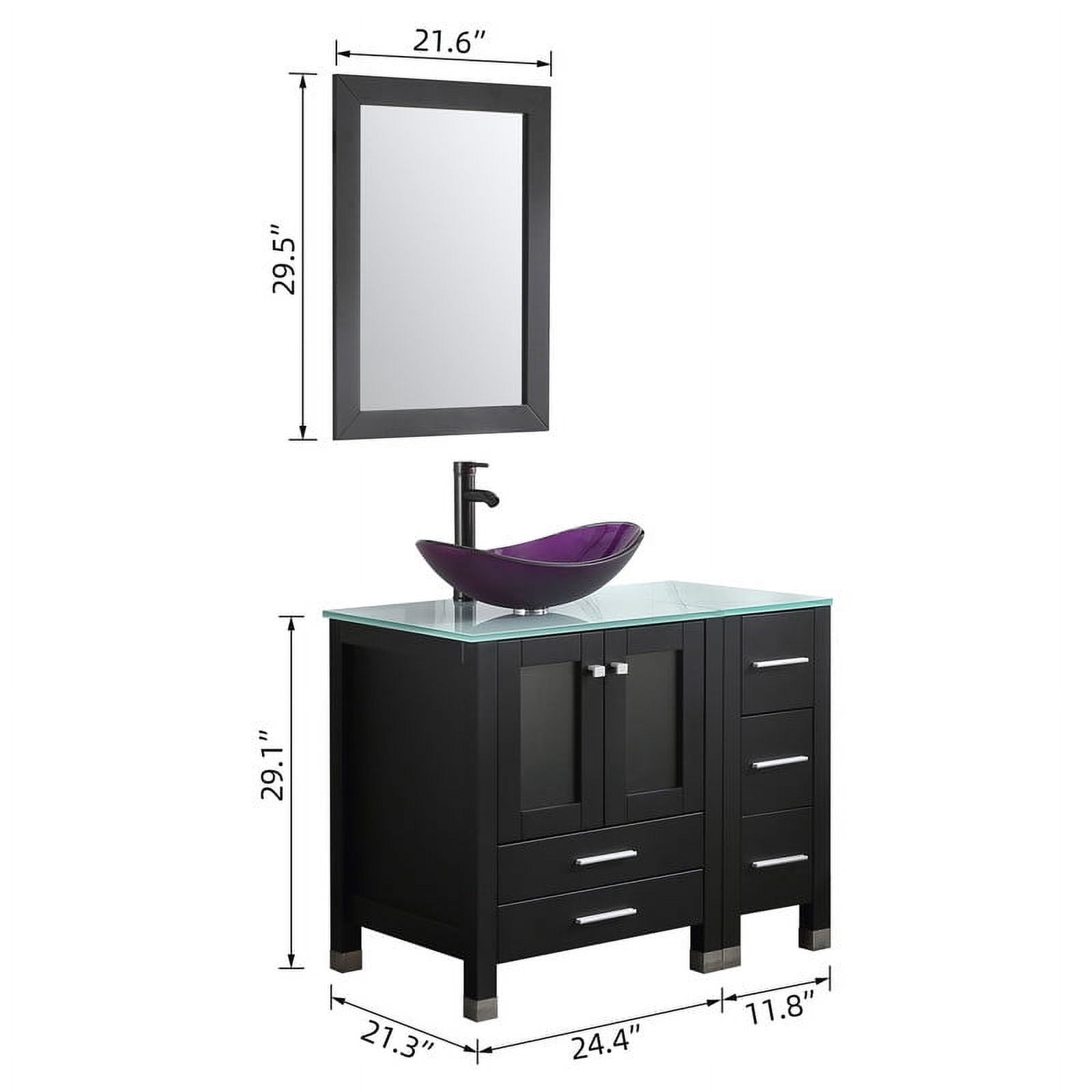 Walsport 36" Luxurious Bathroom Vanity with Purple Tempered Glass Vessel Sink Bowl and Countertop and Mirror and Faucet,Stand Floor Cabinet Bathroom Storage Vanity with Pop Up Drain,Black