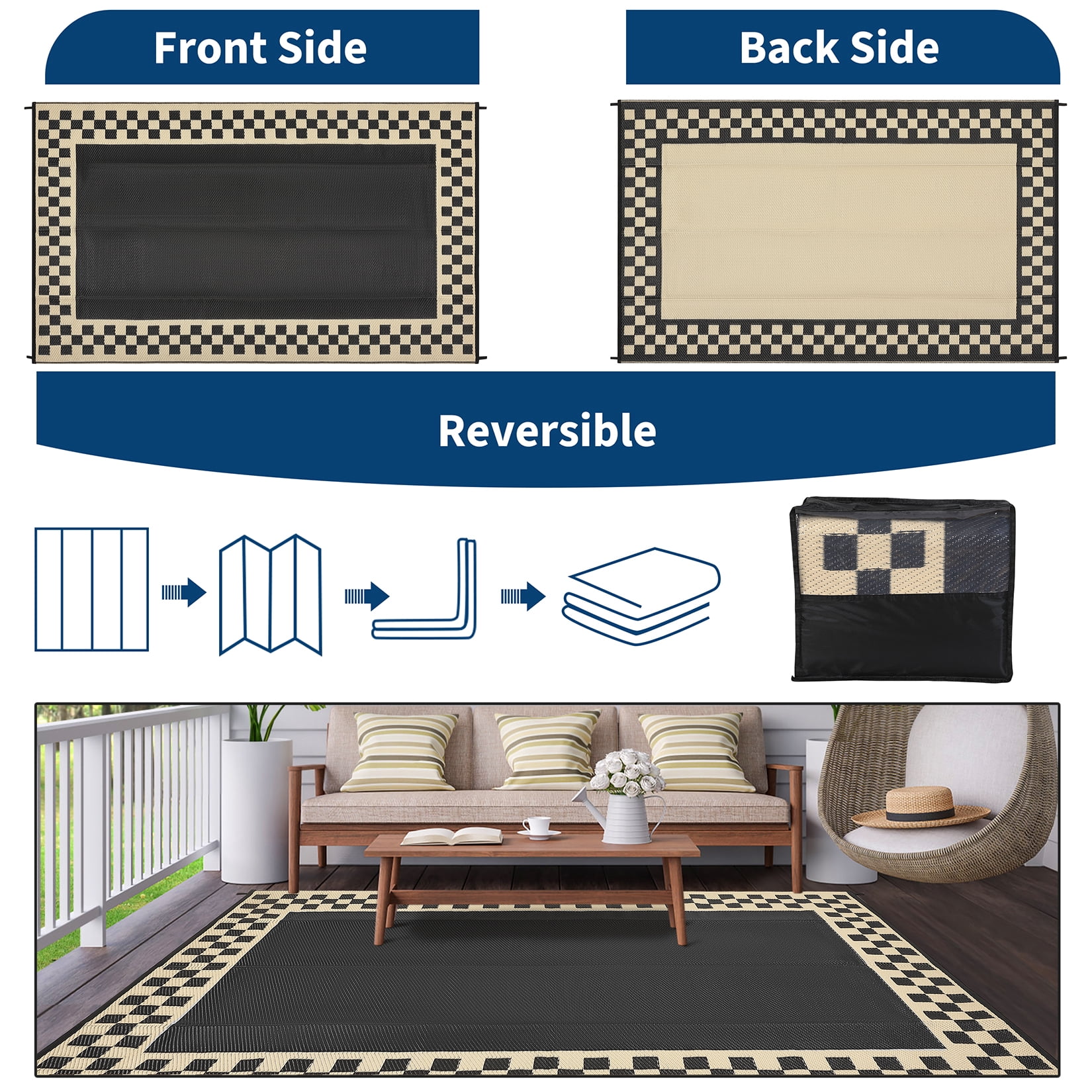HIWEAVER 9' x 18' Black/Brown Outdoor Rug PP Plastic Straw Woven Waterproof Patio Rug with Border Portable Outside Carpet for Balcony Deck Picnic Garden Decor