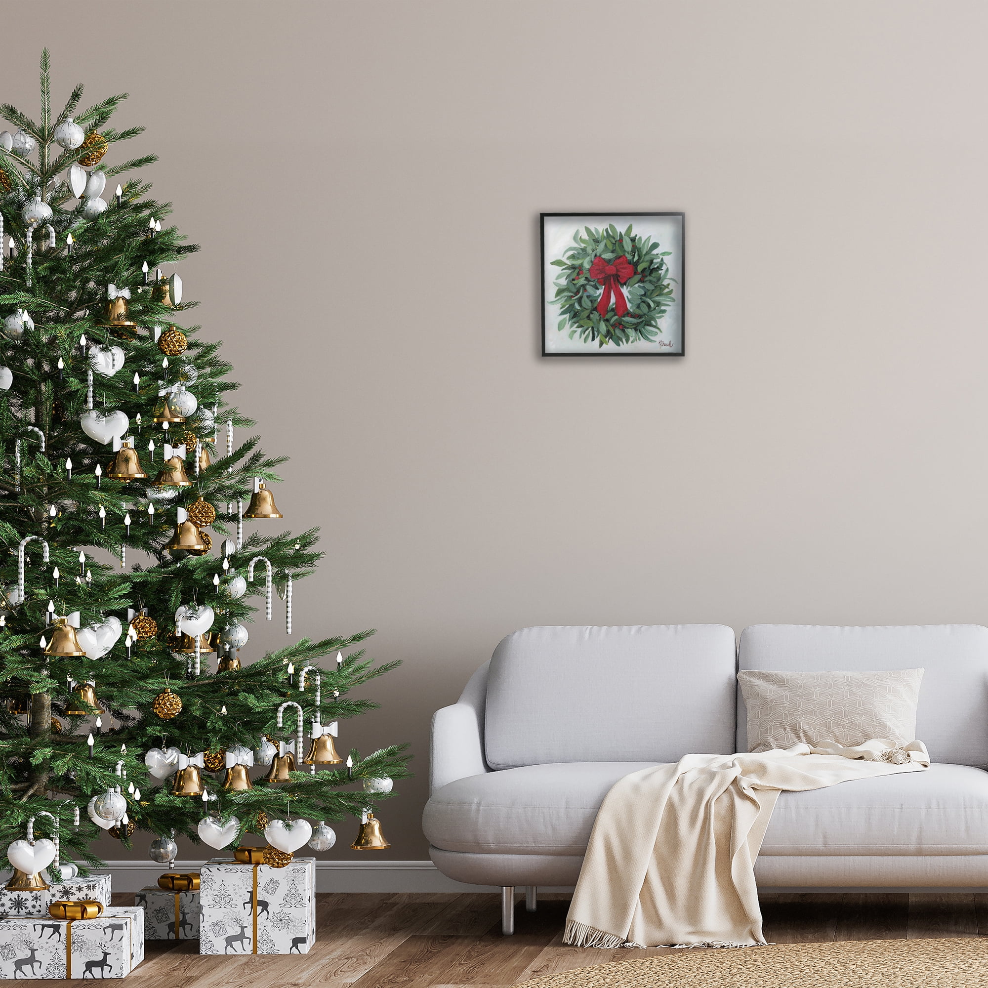 Stupell Industries Wreath with Red Bow Holiday Painting Black Framed Art Prints Wall Art, 17 x 17