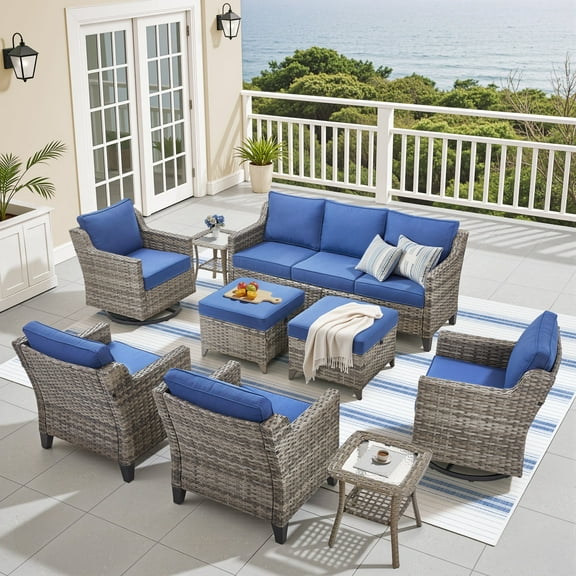 OPOHORO 9 Pieces Outdoor Conversation Set, Gray Rattan Furniture Set for Outside with Patio Wicker Sofa, Chairs of 4, Side Tables and Ottomans, Ideal for Balcony or Porch, Blue Cushion