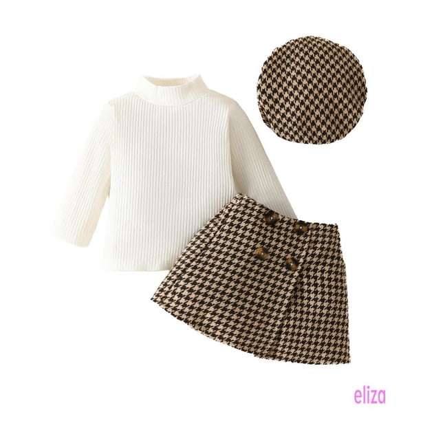 Eliza-0-3 Años Bebé Niñas Falda Conjunto Niño Acanalado Cuello Alto Tops Y Pata De Gallo Mini