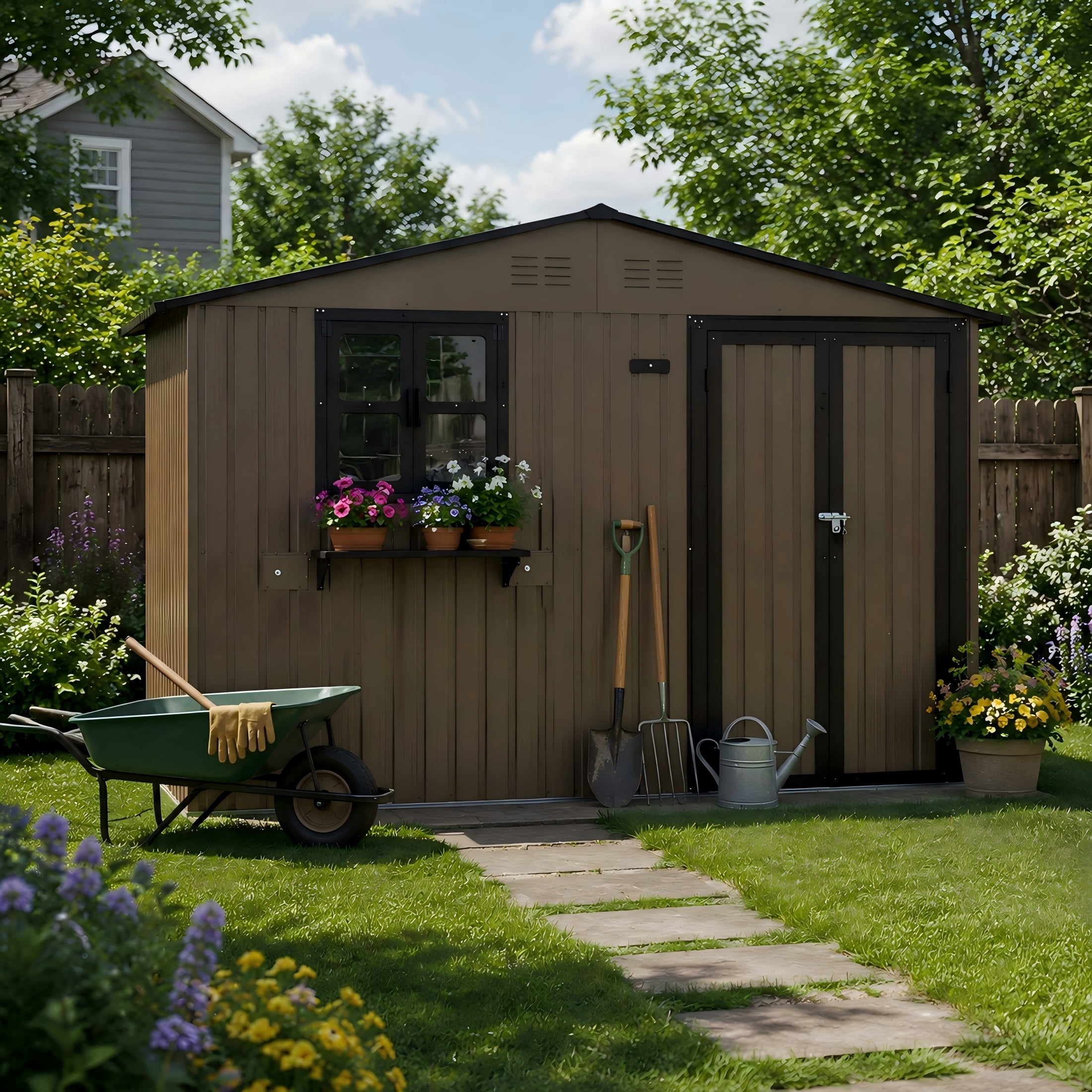 Aukfa 10x8 FT Outdoor Storage Shed with Lockable Doors&Flower Rack, Metal Garden Shed for Bike/Generator/Tool Storage, Brown