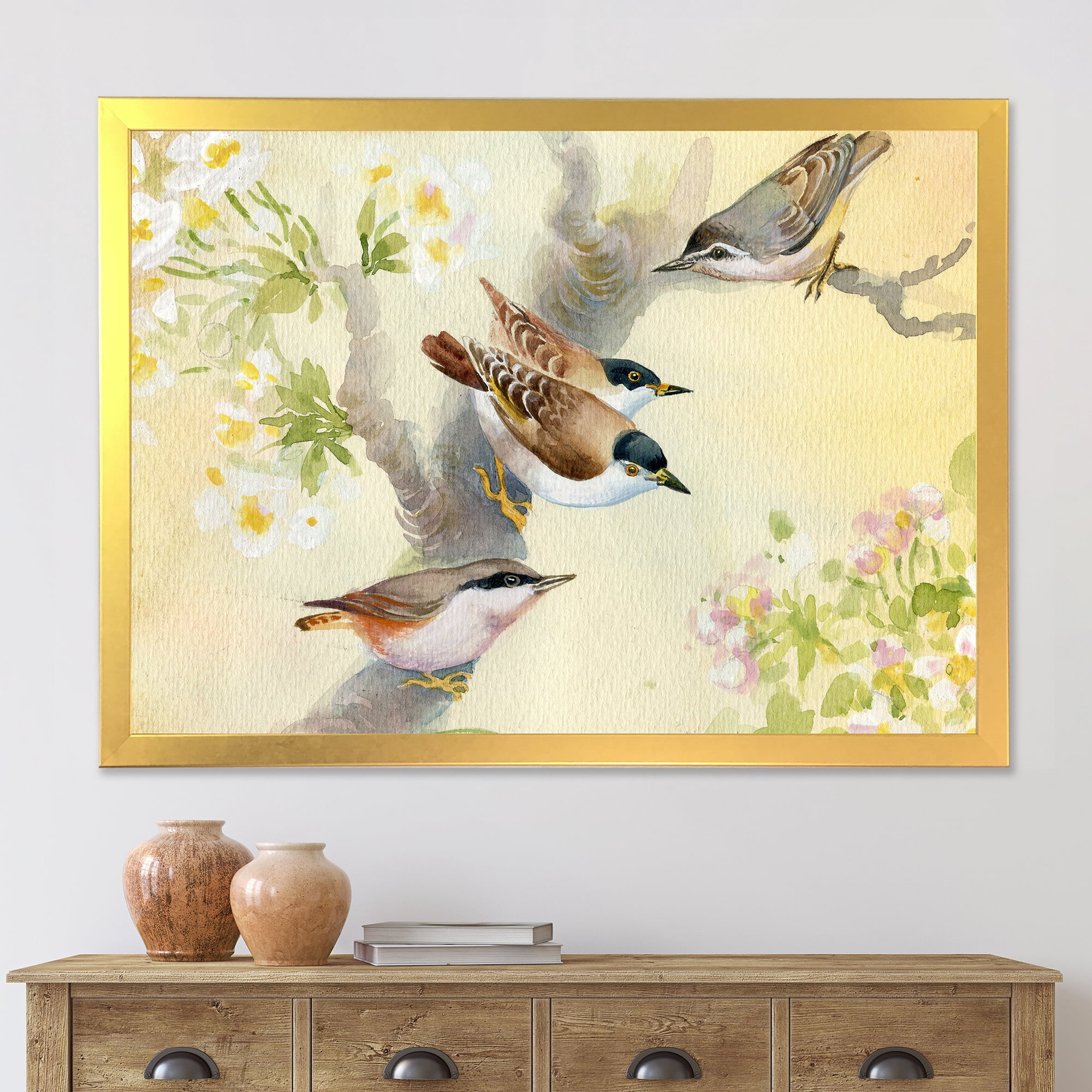 Designart 'Birds Sitting On A Blossoming Apple Tree' Traditional Framed Art Print