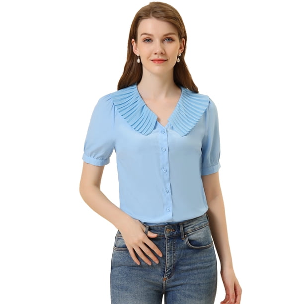 INSPIRE CHIC Camisa Casual Con Botones En El Frente Y Cuello Plisado Para Mujer Azul claro M