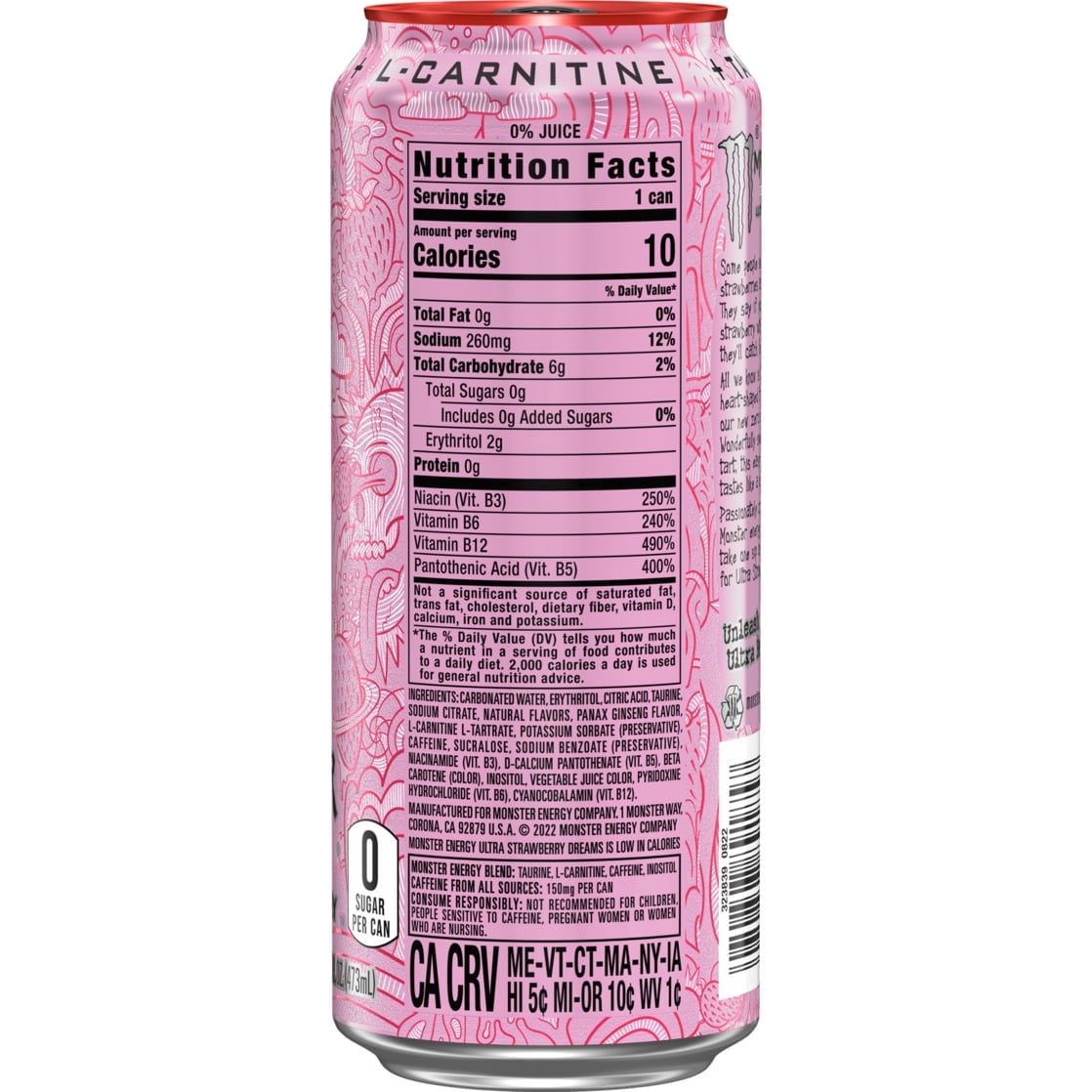 Monster Energy Ultra Strawberry Dreams, Sugar Free Energy Drink, 16 fl oz Cans, Pack of 12