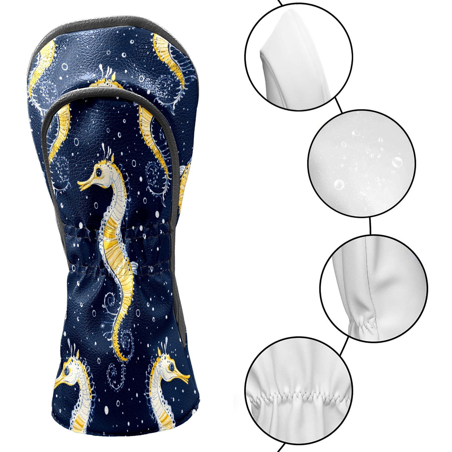 Golf Club Covers PU Leather Waterproof Head Covers for Fairway Woods Hybrids Golden Seahorse