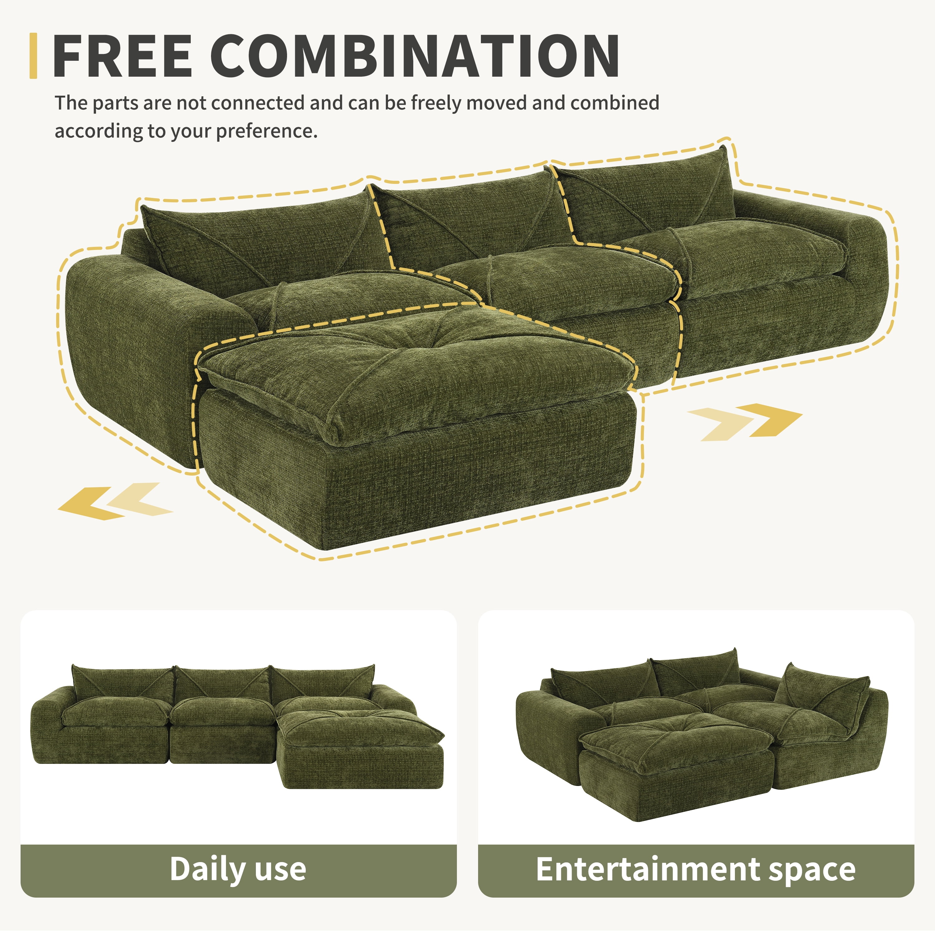 Euroco 116'' Fully Compressed Sofa with High Density Foam, Integrated Backrest&Seat Cushion, Decorative Edging, Legless Design without Frame, No Assembly Required, Free Combination