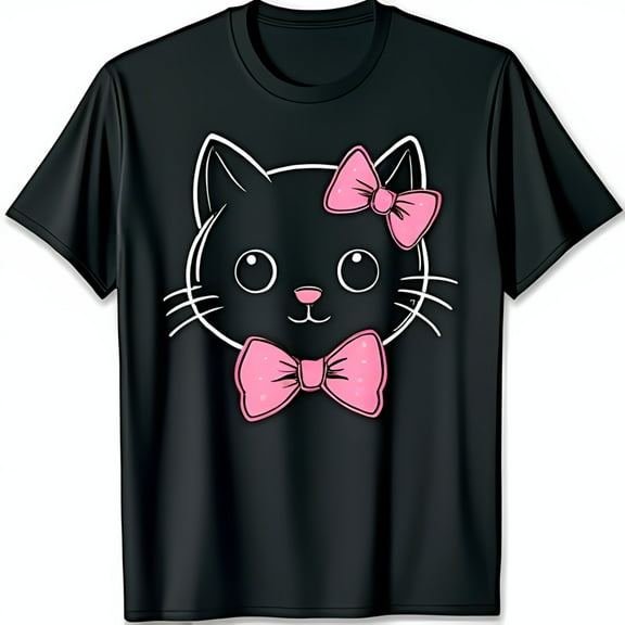 Adorable Black Cat T-Shirt with Whimsical White & Pink Design Bow Tie & Bow for Cat Lovers
