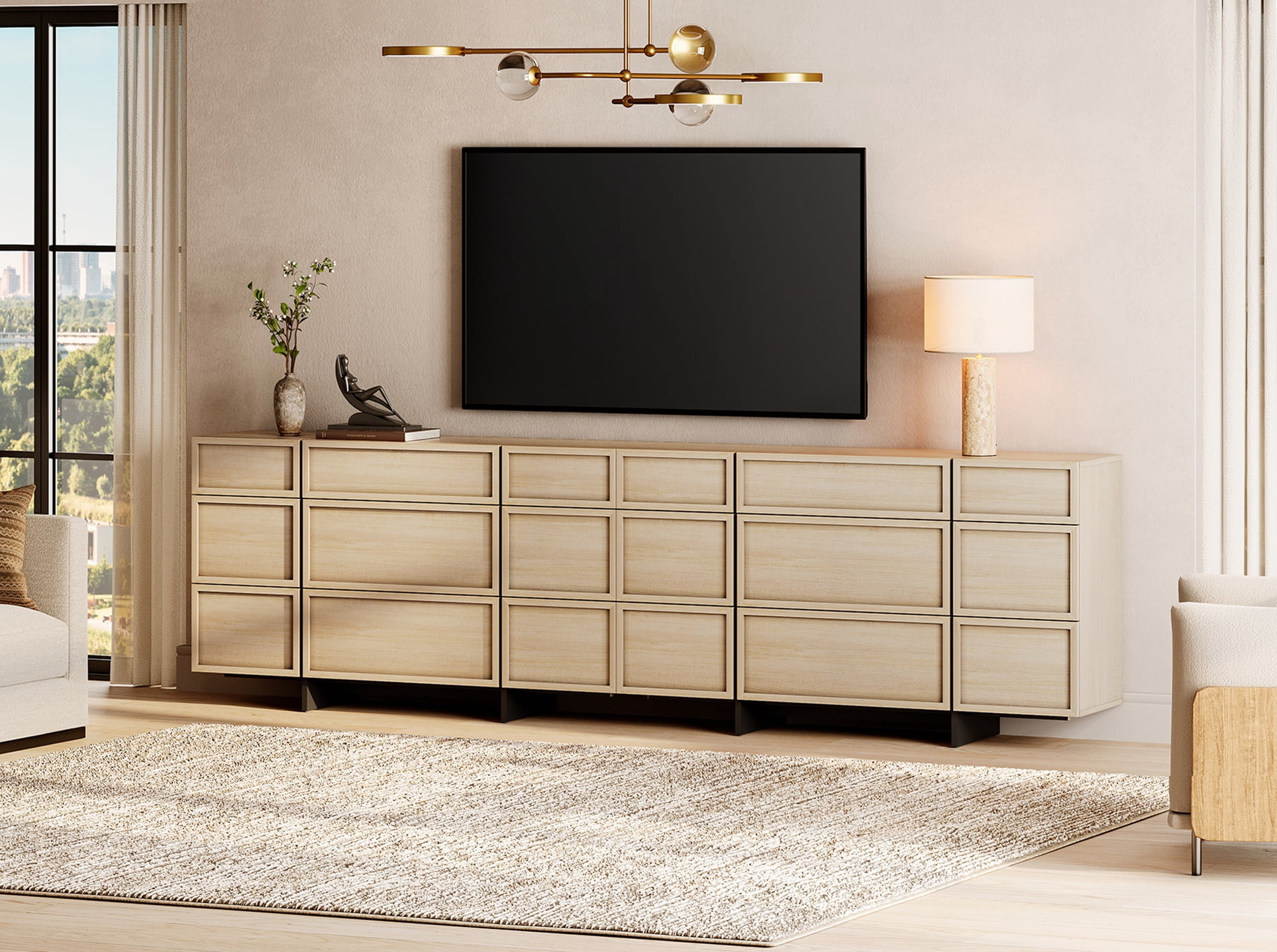 Modern TV Stand with 18 Drawers and T-Shaped Wood Legs, Picture Frame Style Entertainment Center Media Console with Smooth Metal Slides, Fits TVs up to 110 Inch for Living Room Bedroom,Beige