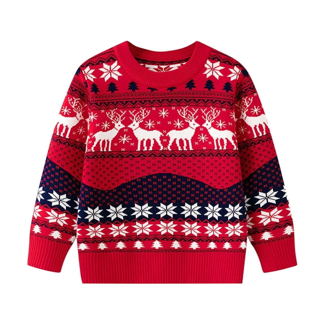 Tricot de Noël pour Garçons et Filles Col Rond Garde au Chaud Chemise de Base Tricotée Rouge