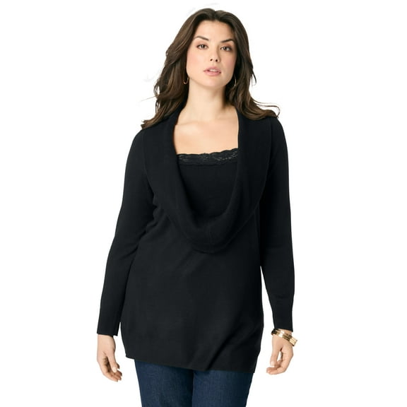 Roaman's Women's Plus Size Lightweight Cowl Neck Sweater With Lace Trim
