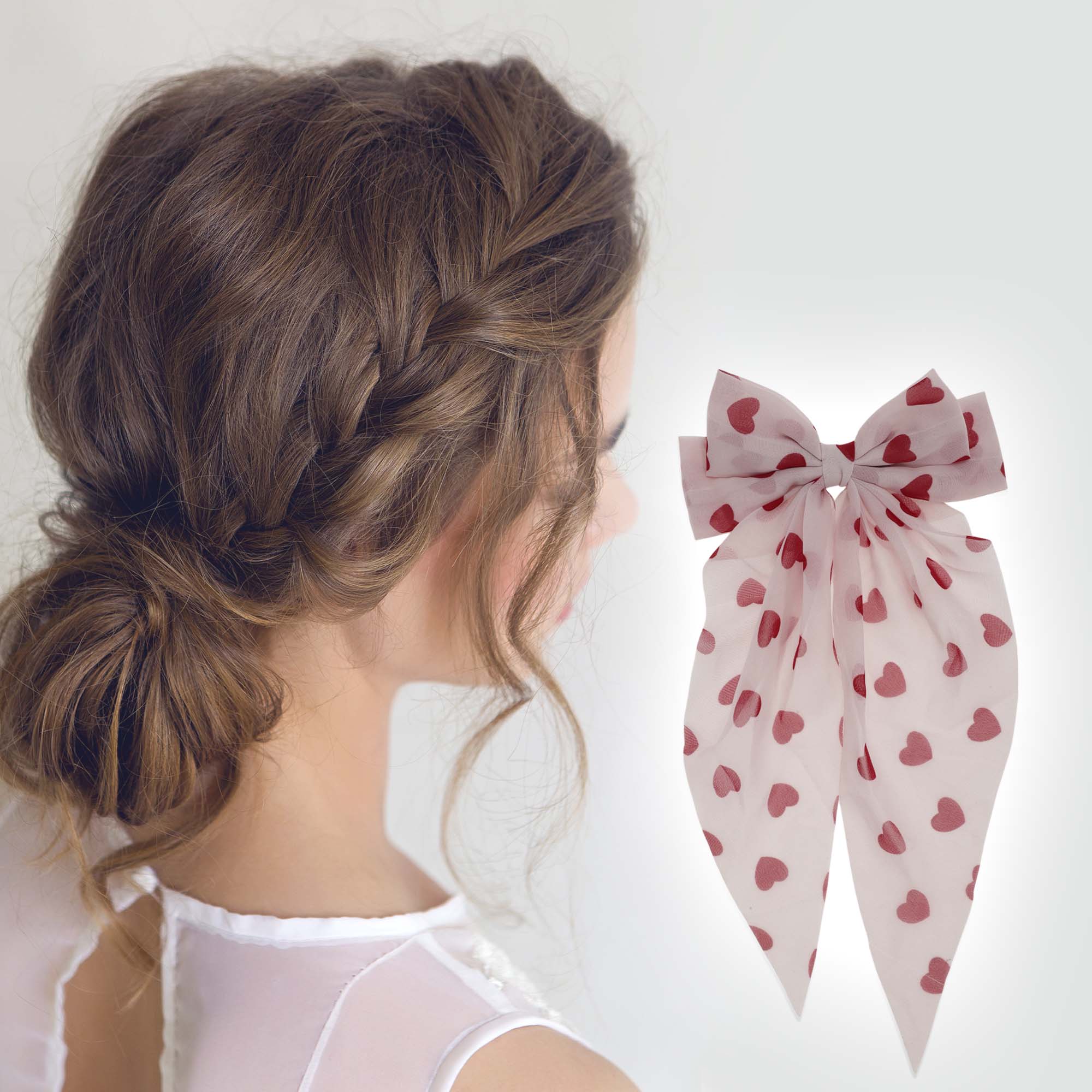 Unique Bargains Cute Heart Shaped Printed Bow Ribbon Spring Hair Clips Dark Red White Pink 3 Pcs