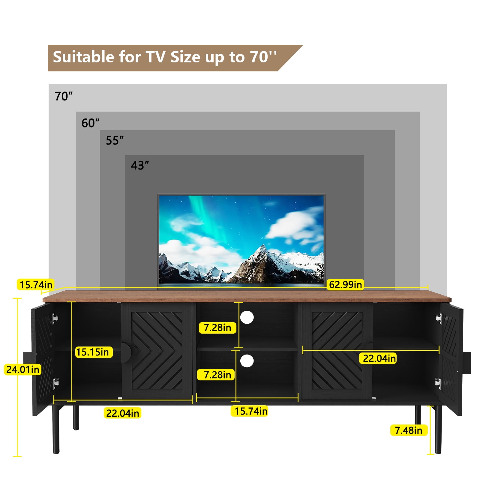 HLR Mid Century Modern 63" TV Stand for 75 inch TV with Storage, Entertainment Center for Living Room, Black