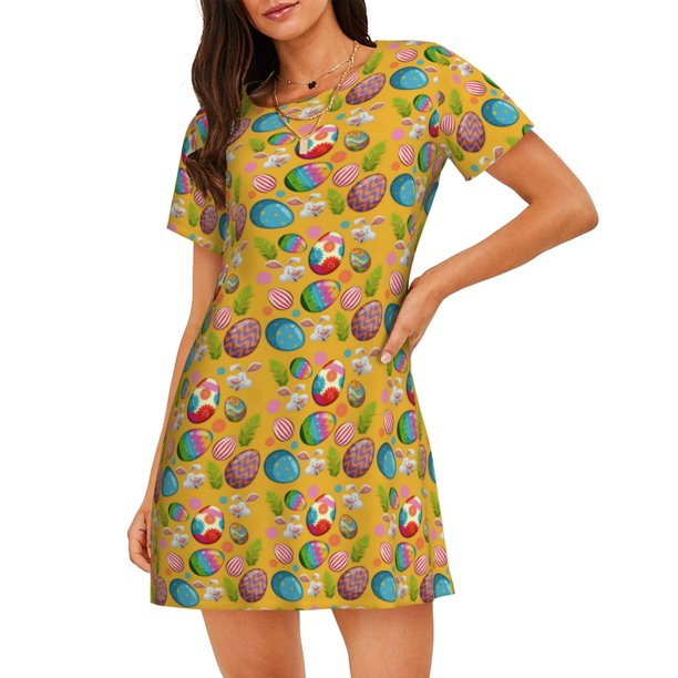 Fotbe Easter Bata de Dormir para Mujer con Estampado, Camisón de Algodón de Manga Corta, Ropa de Dormir Casual