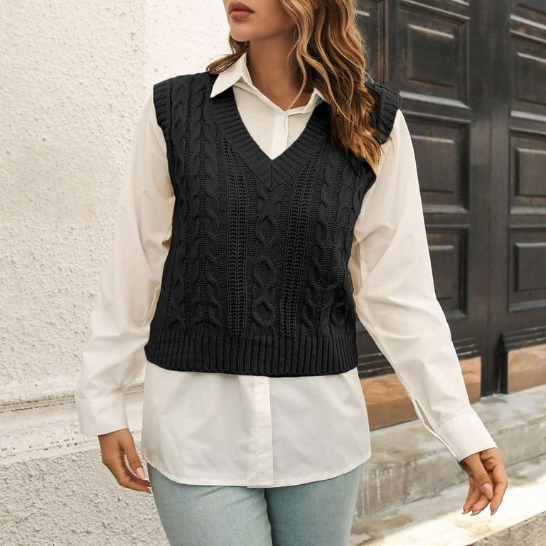 Htigea Women's Sweater Vest Cable Knit Sleeveless Jumpers Preppy V