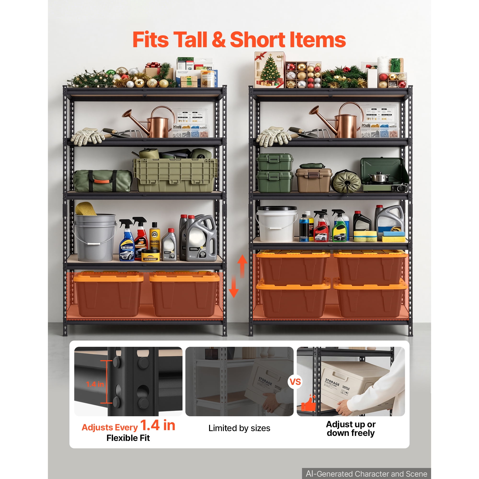 KFFKFF 5-Tier Adjustable Storage Shelves, 2000 lbs Capacity, Durable Metal Utility Rack for Garage, Warehouse, Basement, or Kitchen, Dimensions: 48.35" W x 18.07" D x 71.38" H