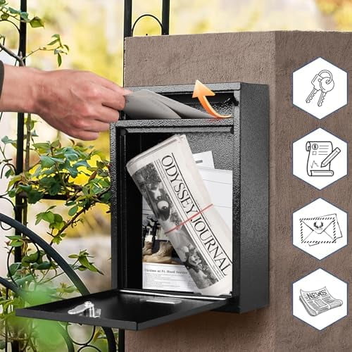 Key Lock Mailboxes for Outside, Locking Wall Mount Mailbox, Security Key Drop Box for Letters, Cash, Cards, Steel Mail Box for House Office School, 12.4H x 8.54L x 3.35W Inches, Black