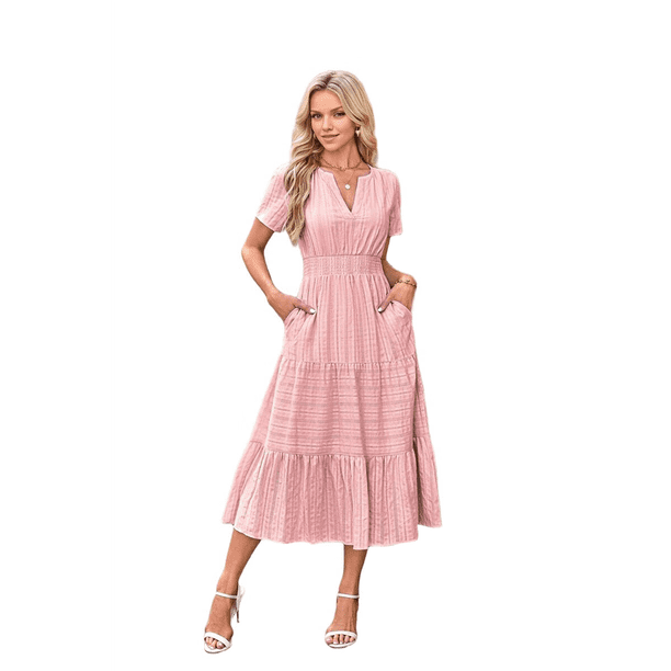 Vestido de Larga con Cuello en V, Plisado y Mangas Abullonadas, Rosa XXL
