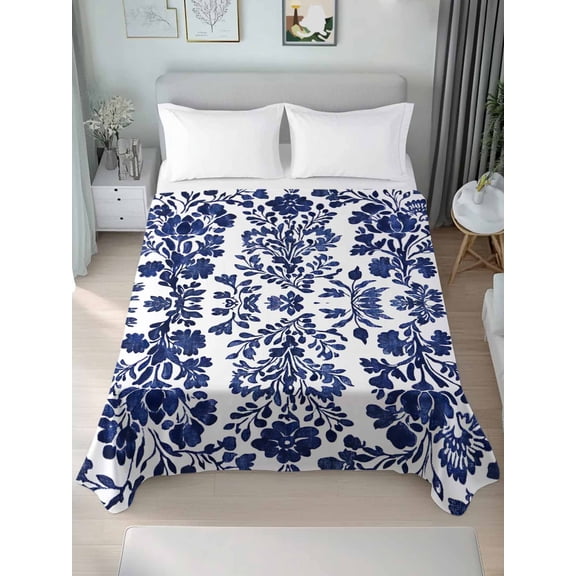 Blue Spring Floral Twim Size Flat Sheet, Wrinkleproof & Fadeproof Cooling Flat Bed Sheet Only, Summer Botanical Farmhouse Breathable Soft Bedding Top Sheets 66 x 96 Inches