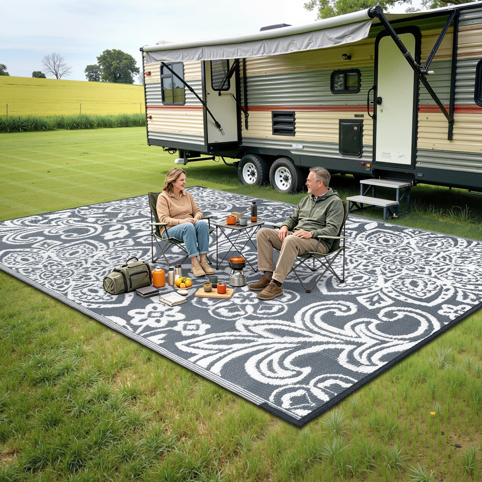 MJIAexp 9'x12' Gray Outdoor Rug Patio Rug Waterproof RV Outdoor Rug Camping Rugs Reversible Plastic Straw Rug Large Outdoor Mat for Camping, Balcony Apartment, Patio, Porch, Picnic, Beach