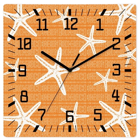 Wall Clock Coastal Starfish Operated Square Clocks Wooden Silent Non-Ticking Wallclock 12 Inch Orange Ocean Marine Life Wood Wall Clock for Living Room Bedroom Office Shool Home Decor