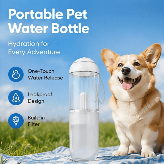 Portable Capsule-Style Pet Water Bottle with Filter – Leak-Proof Design, Suitable for Outdoor Walks and Hiking with Cats and Dogs