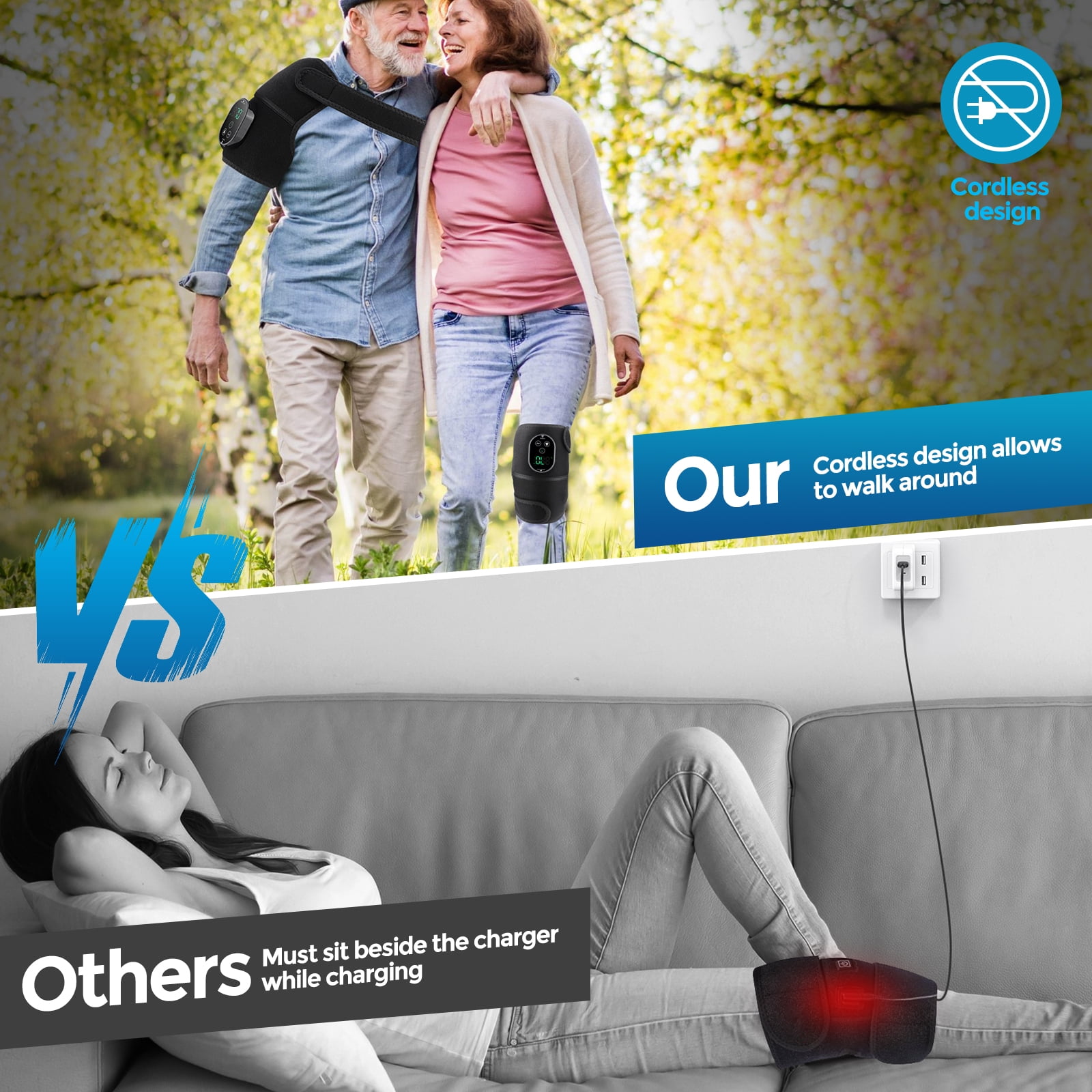 Knee Massager with Heat & Vibration – Heated Knee Brace Cordless, Knee Heating Pad Wrap with 6 Heat + 3 Vibration Modes, Rechargeable Adjustable Strap for Knee Shoulder Elbow, Auto Shut Off 2PCS