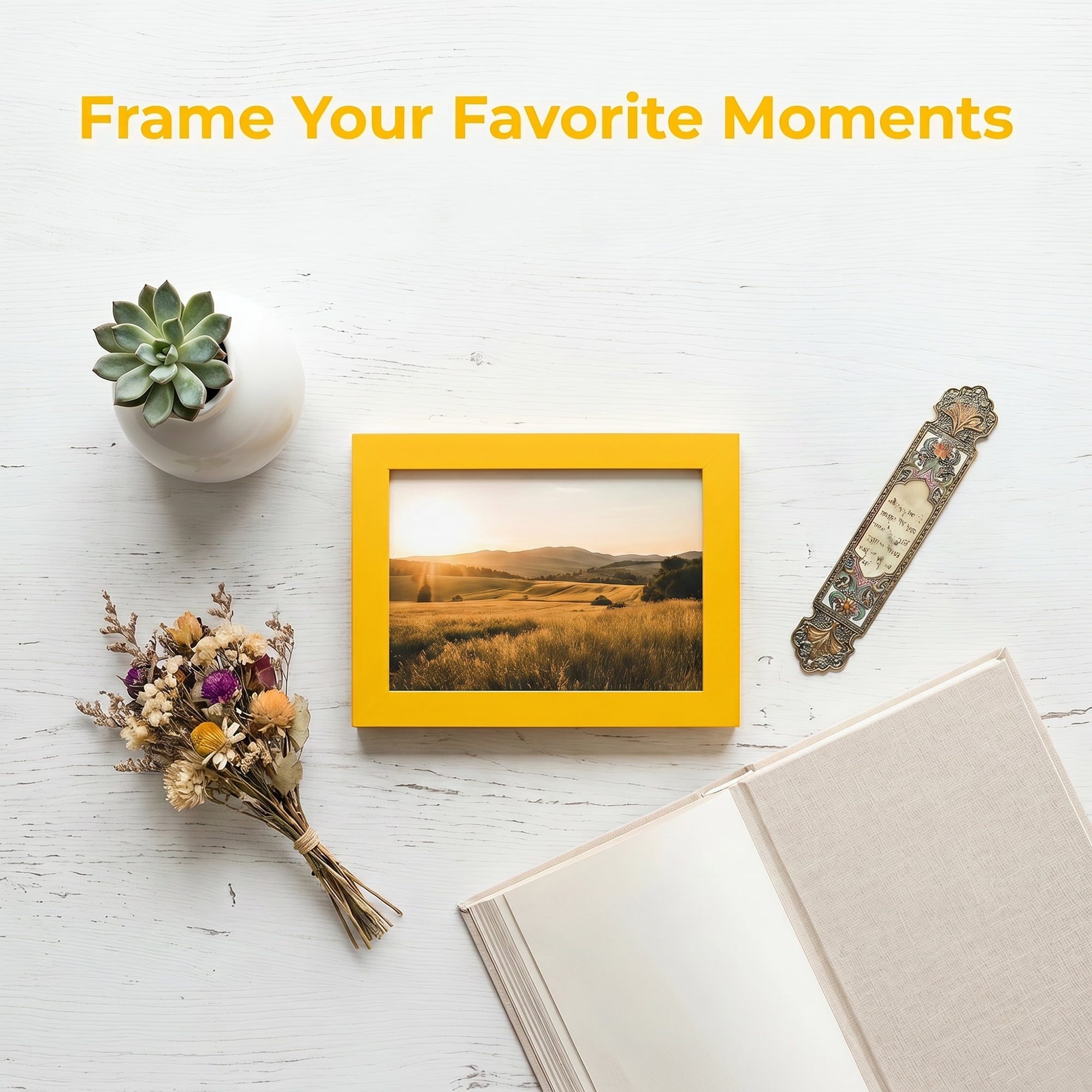 Unique Bargains Classic Wood Wall Mounting Picture Frame Yellow 4" x 6"