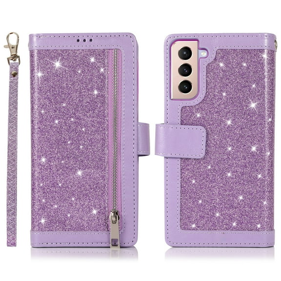 Allytech Galaxy S21 Plus Case Wallet, 9 Credit Cards Cash Holder Ziiper Wallet PU Leather Folio Flio Bling Sparkly Kickstand Shockproof Case Cover for Samsung Galaxy S21 Plus 6.7", Purple