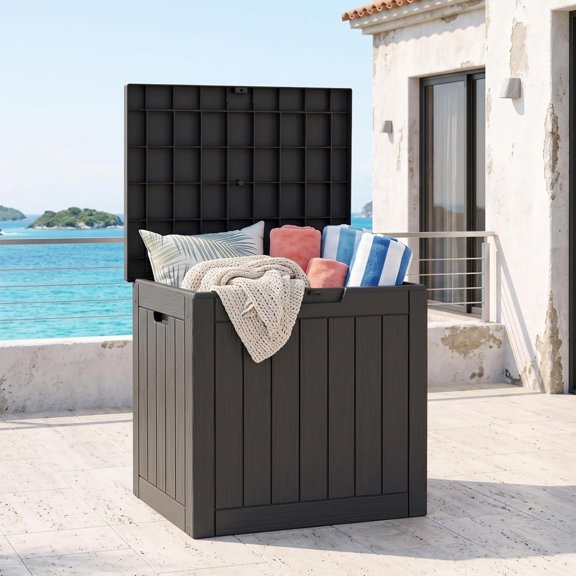 Outdoor Storage Box, 35 Gallon Waterproof Deck Box, Upgraded 3.1 Resin, Gray, Tool-Free Assembly, Lockable Side Table Ottoman for Patio Cushions and Balcony Pool Toys